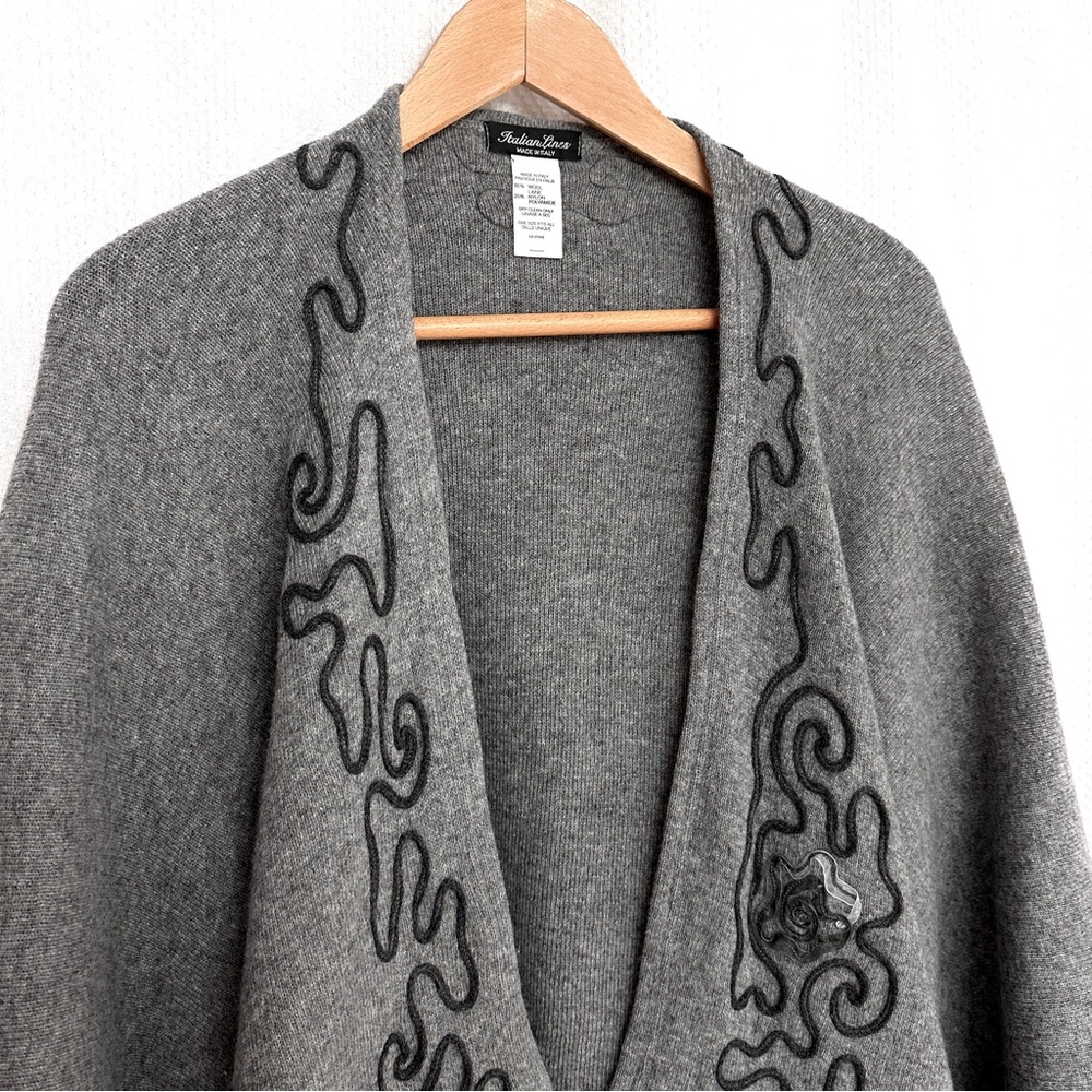 Chic Wool Italian made Gray Women's Poncho with Embroidery - Picture 3 of 12